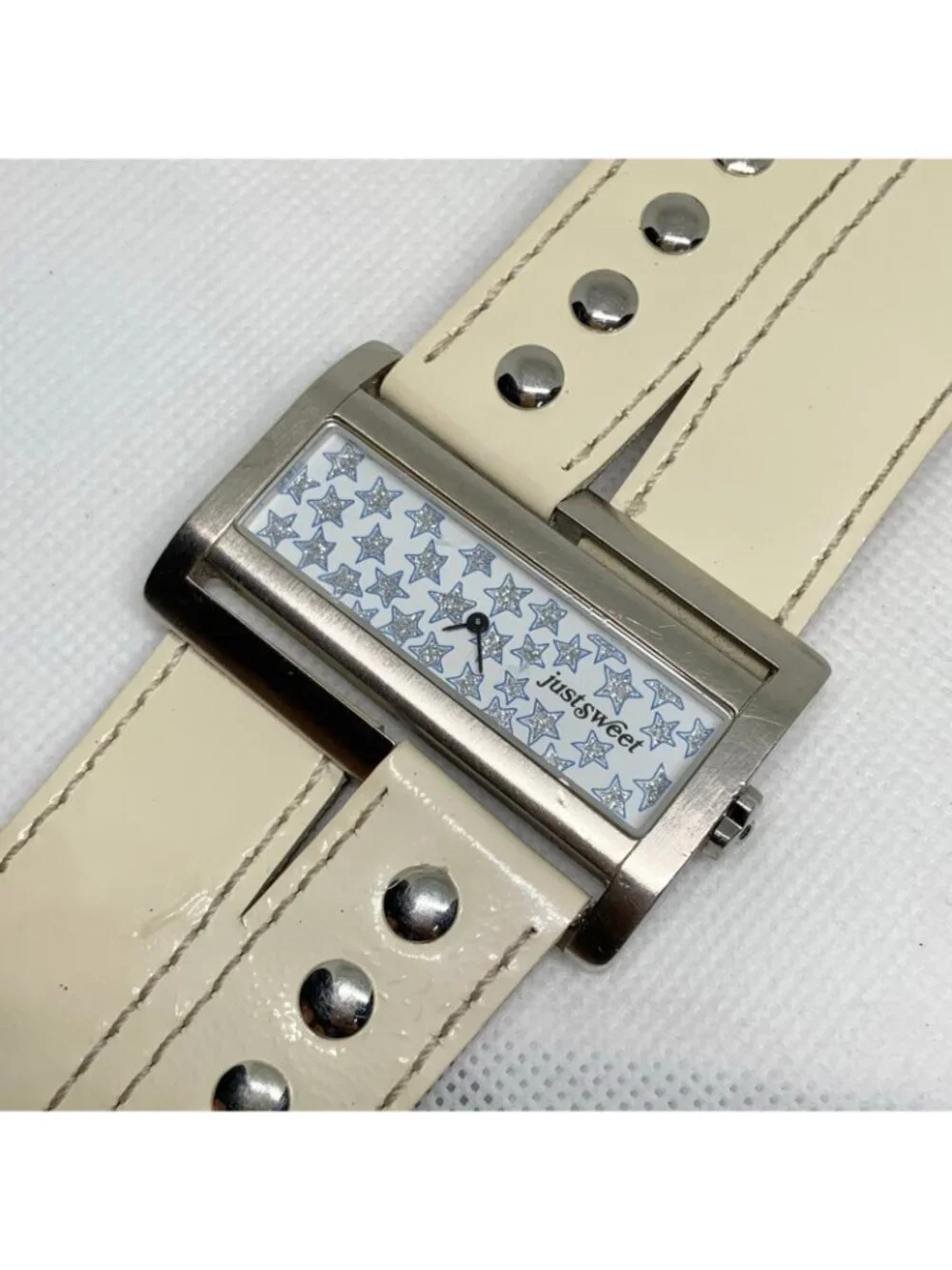 Just Sweet silver tone watch 50mm wide case band quartz analog stars running